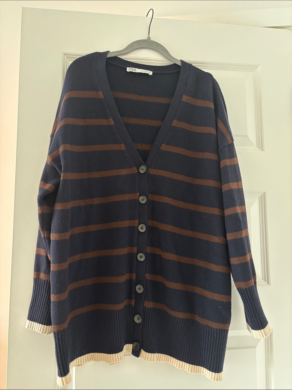 Zara Navy and Brown Striped V-Neck Button Front Cardigan with Cream Trim